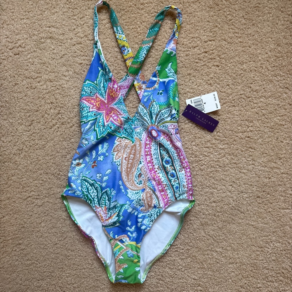 NWT Ralph Lauren Collection Purple Label One Piece Paisley Deep V Swimsuit sz 4
